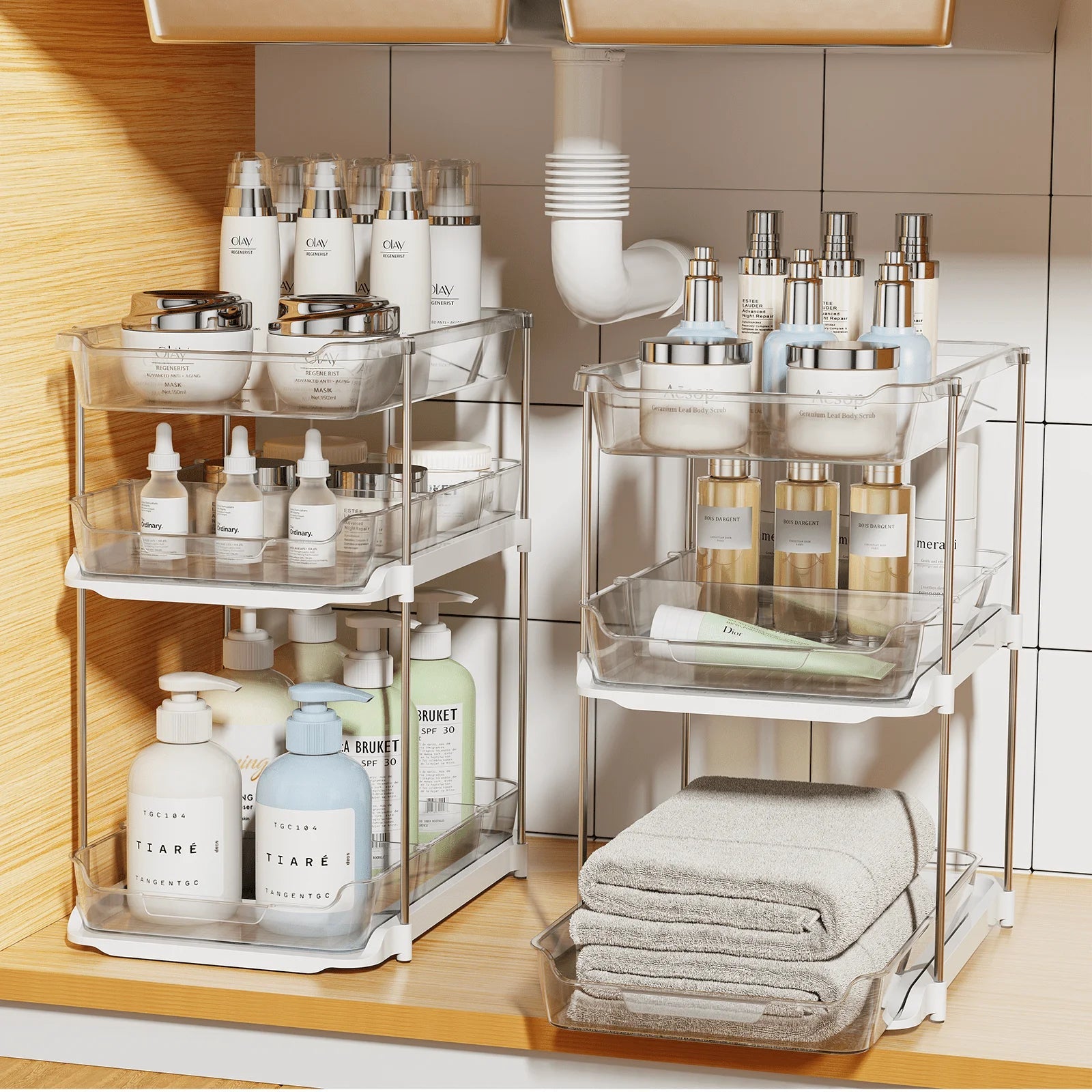 Stackable 3 Tiers Bathroom under Sink Organizer, Clear, 2 Count