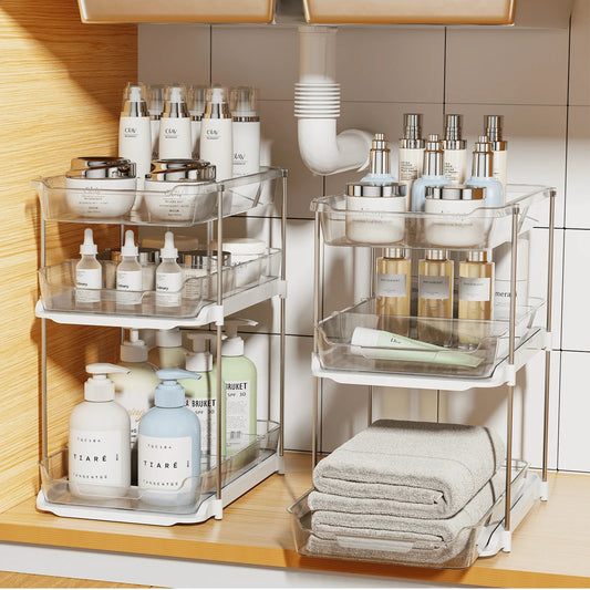 Stackable 3 Tiers Bathroom under Sink Organizer, Clear, 2 Count